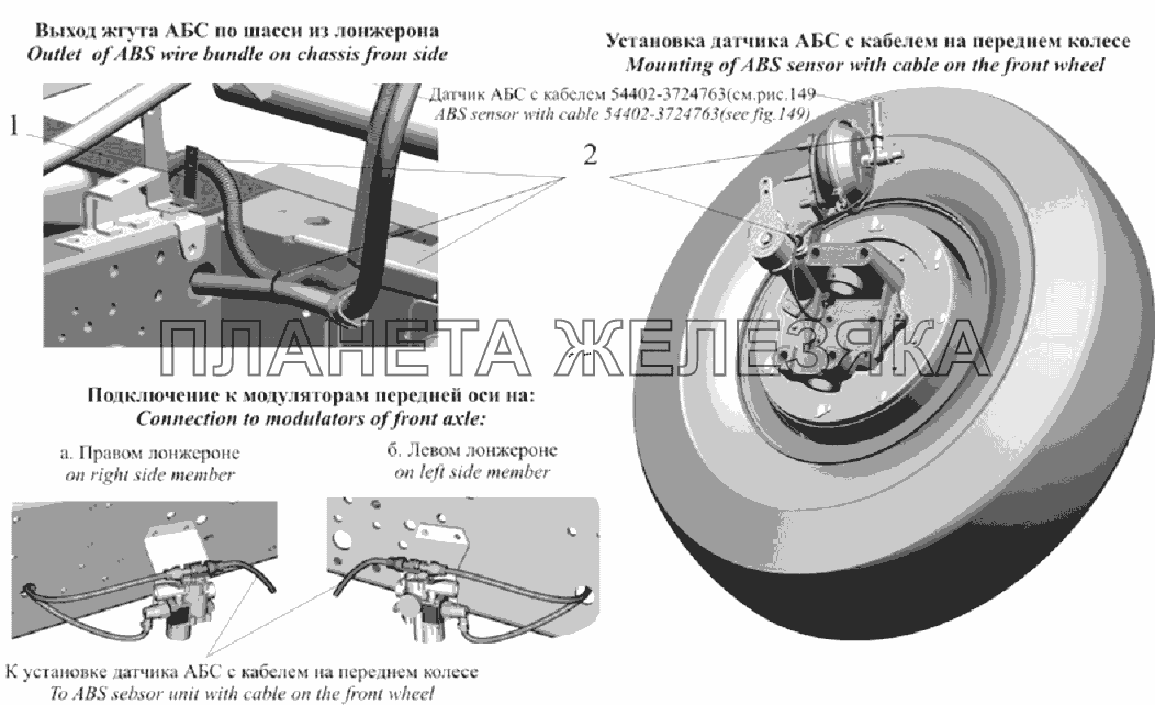 Укладка выводов жгута АБС и кабелей датчиков частоты вращения в передней части рамы МАЗ-6303A3, 6303A5